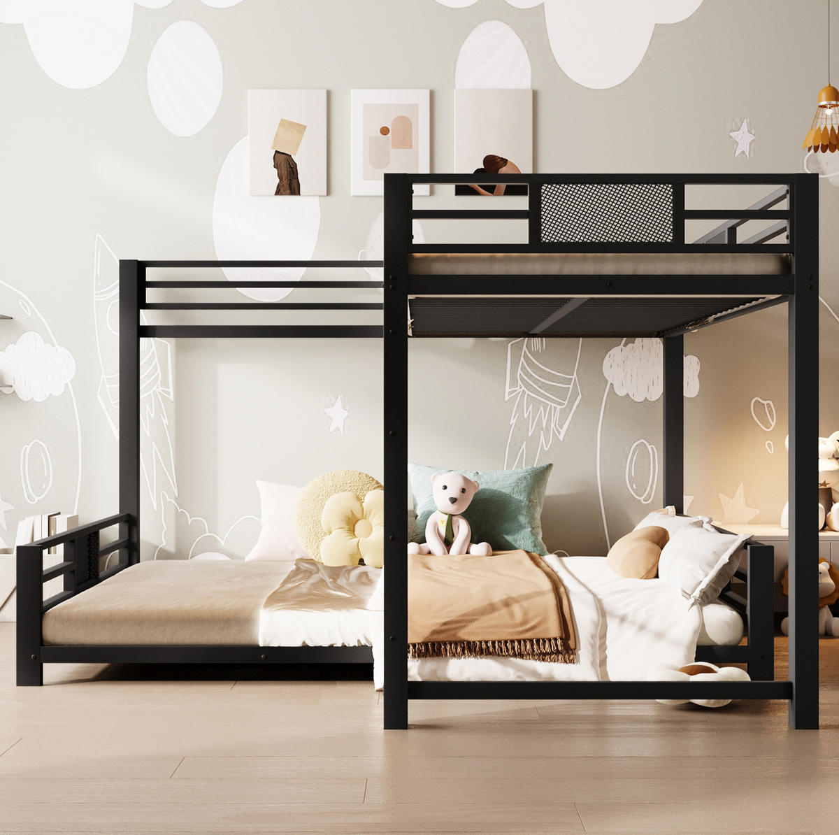 ETAGENBETT 90/200 über 140/200 cm aus Metall mit Schutzgittern und platzsparendem L-Design, Schwarz - Schwarz, Metall (140/200cm) - Redom