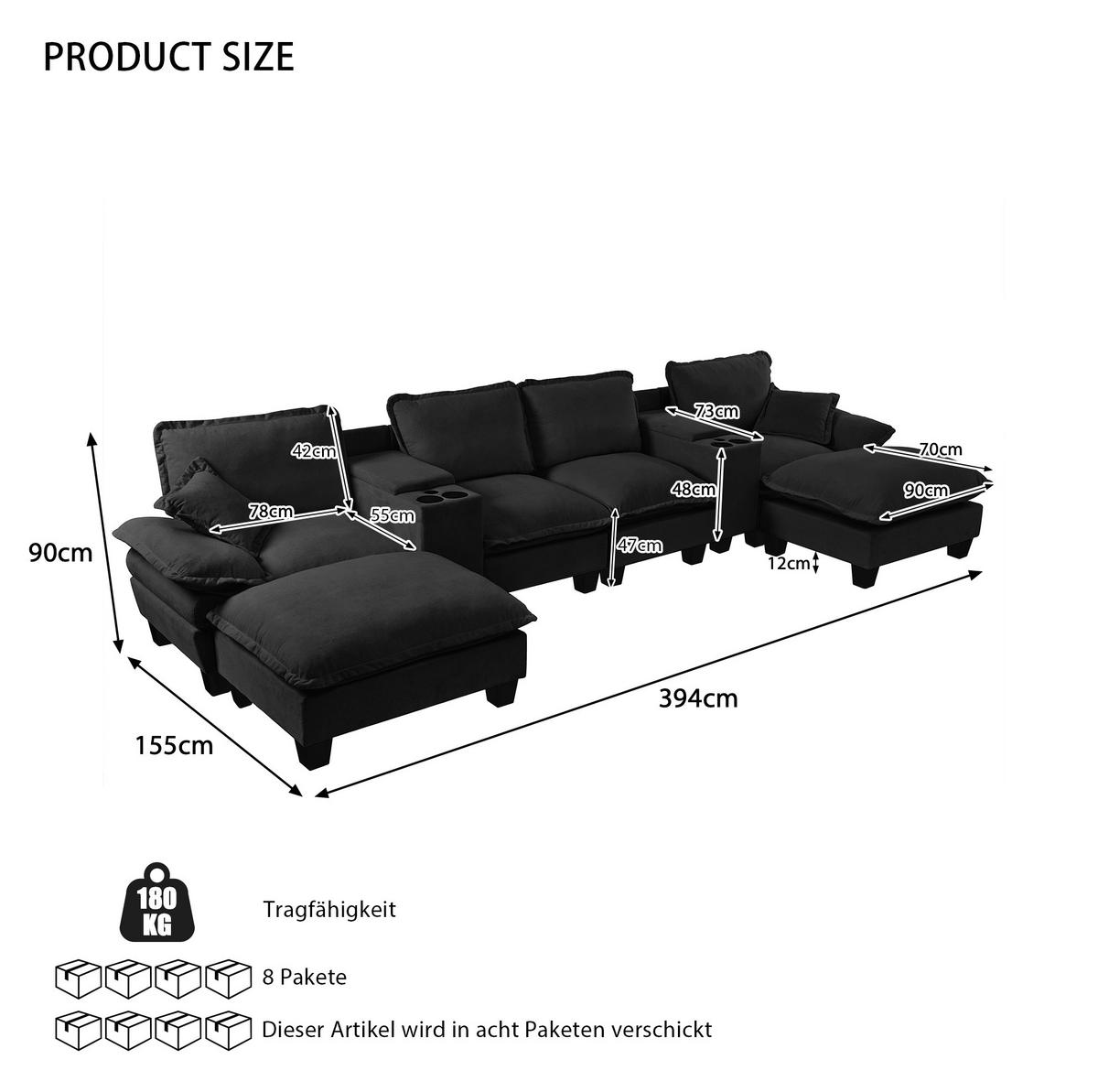 WOHNLANDSCHAFT aus Chenille 392x151x90 cm Schwarz mit USB-Anschluss, Stauraum, Getränkehaltern und 2 Ottomanen - Schwarz, Textil (392/90/151cm) - Modfu