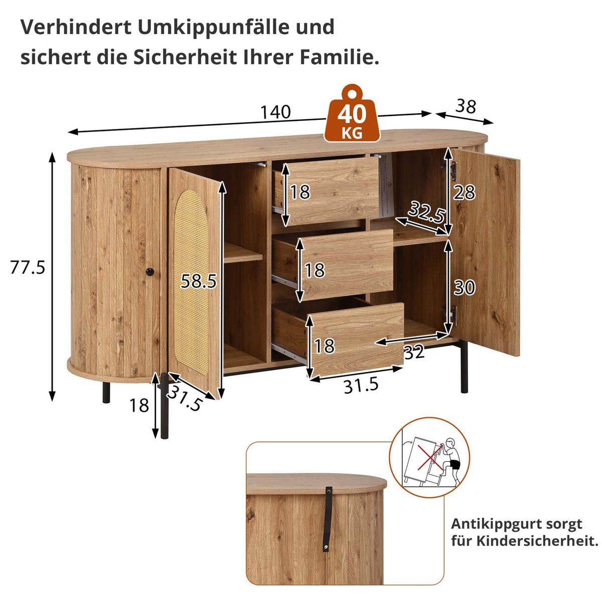 SIDEBOARD 140/38/77,5 cm Natur aus MDF mit Rattan-Türen und Schubladen - Naturfarben, Holzwerkstoff (38/77.5/140cm) - OKWISH