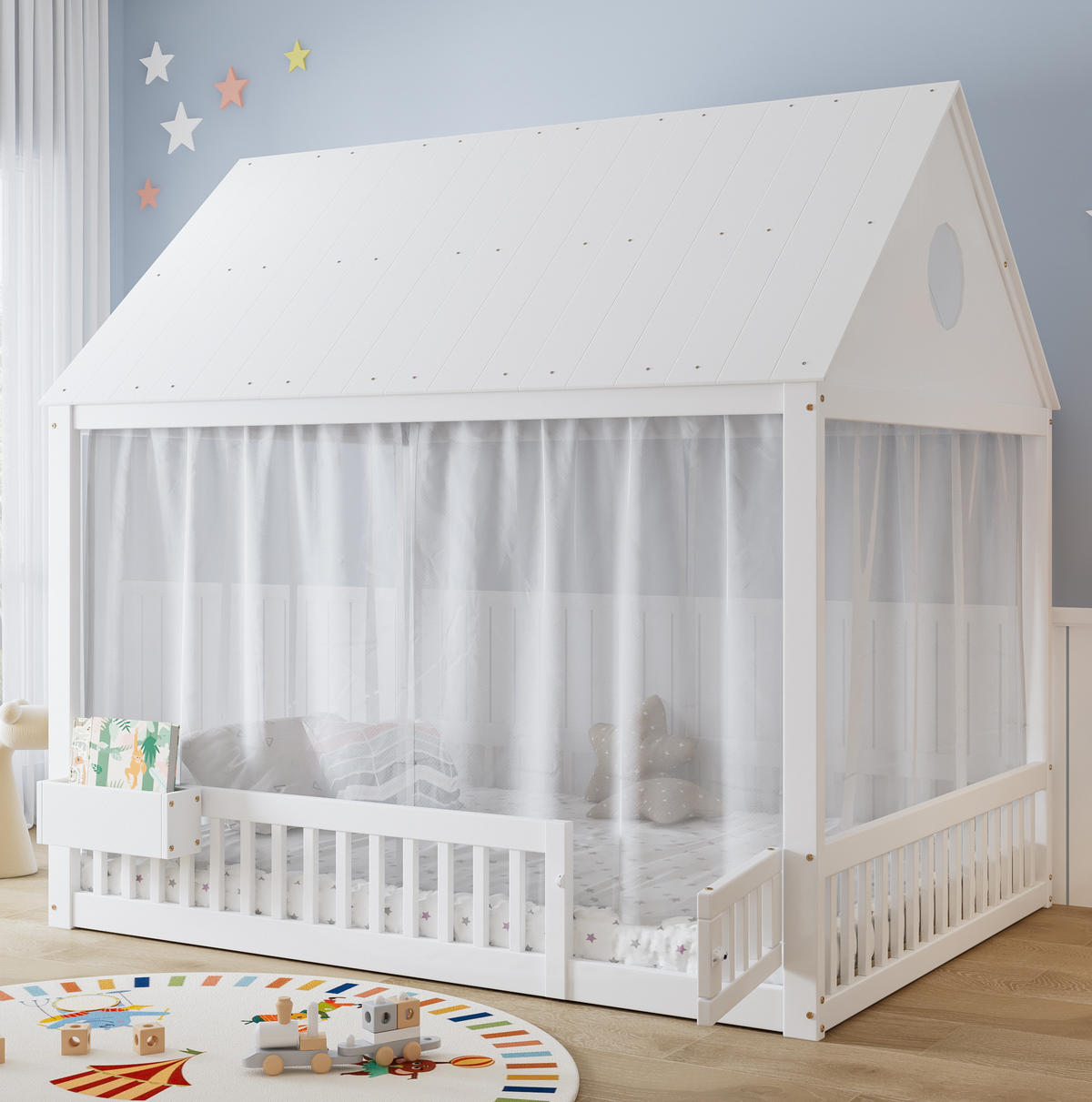 KINDERBETT 140/200 cm mit Dachdetails, Vorhängen und Stauraumfach, Kiefer/MDF/Sperrholz, Weiß - Weiß, Holz (140/200cm) - Redom