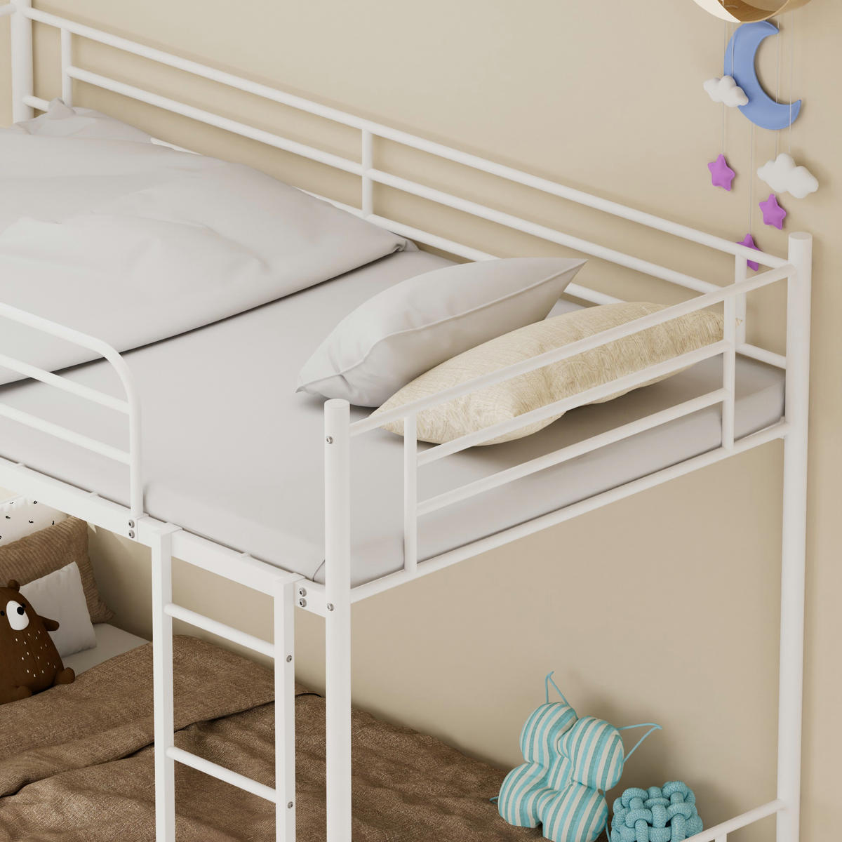 ETAGENBETT 90/190 cm mit Metalltreppe und Geländer, DE-41905, in Weiß - Weiß, Metall (90/190cm) - ComfortXL