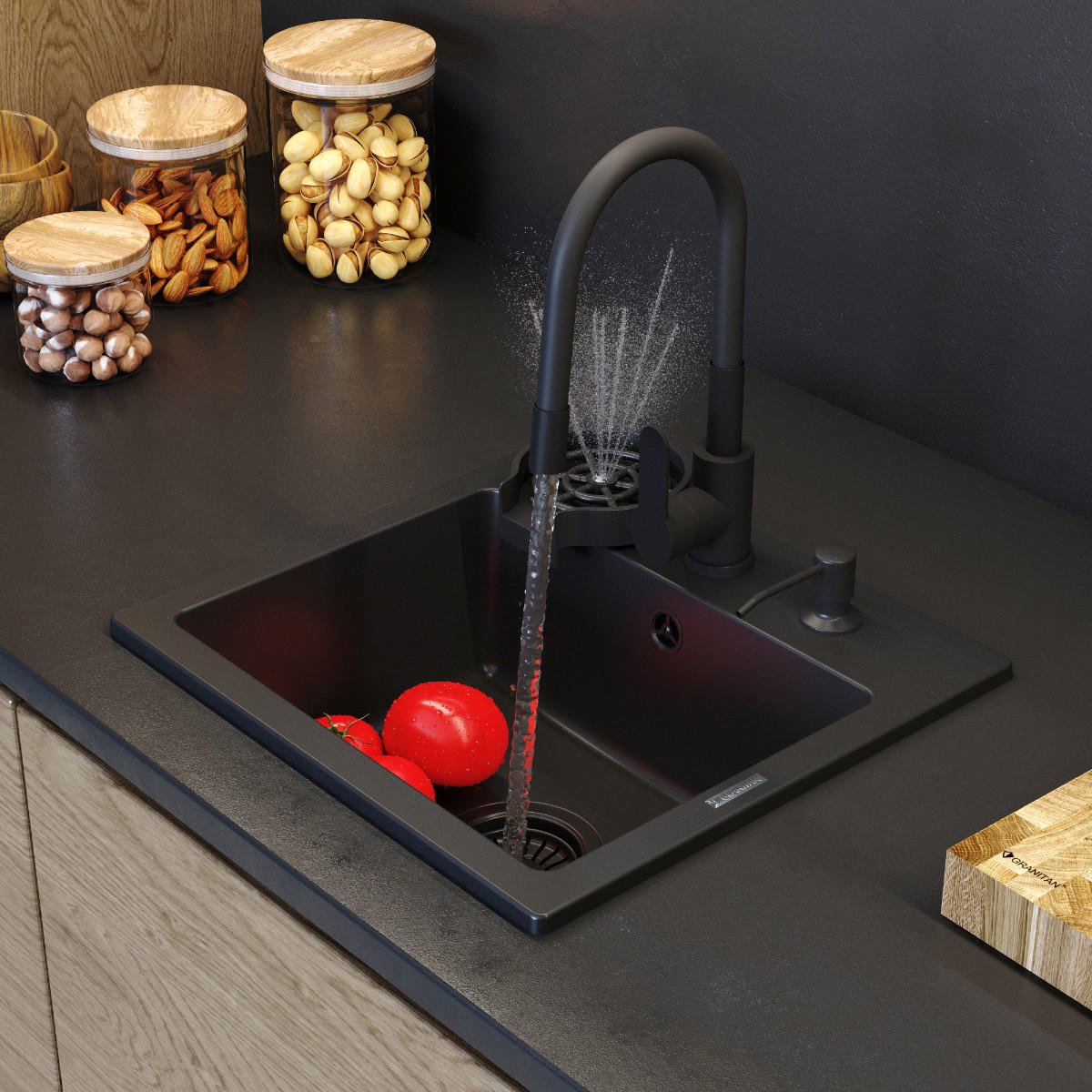 GRANITSPÜLE Teor mit Batterie Siphon - Schwarz, Kunststoff/Stein (42/17/46cm) - Granitan
