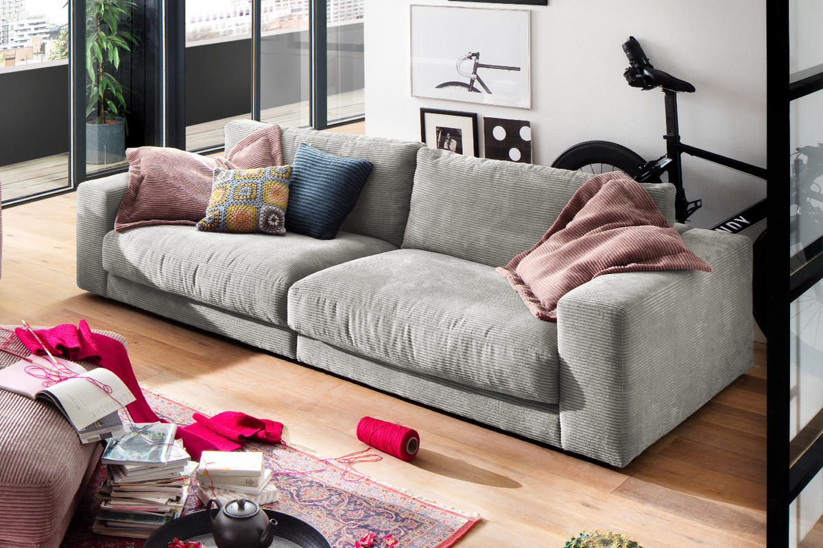 SOFA 3-SITZER MADELINE Hellgrau Cord - Hellgrau/Schwarz, Textil (290/85/127cm) - KAWOLA