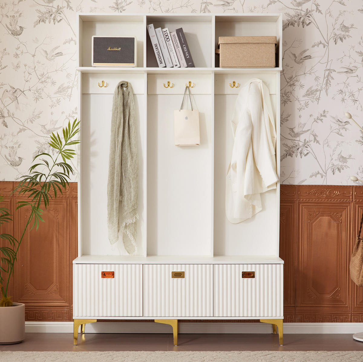 STANDGARDEROBE mit Sitzbank in Weiß, hochglänzend, B/T/H: 120/23,5/191,5 cm - Weiß, Holzwerkstoff (40/191/120cm) - BEAOK