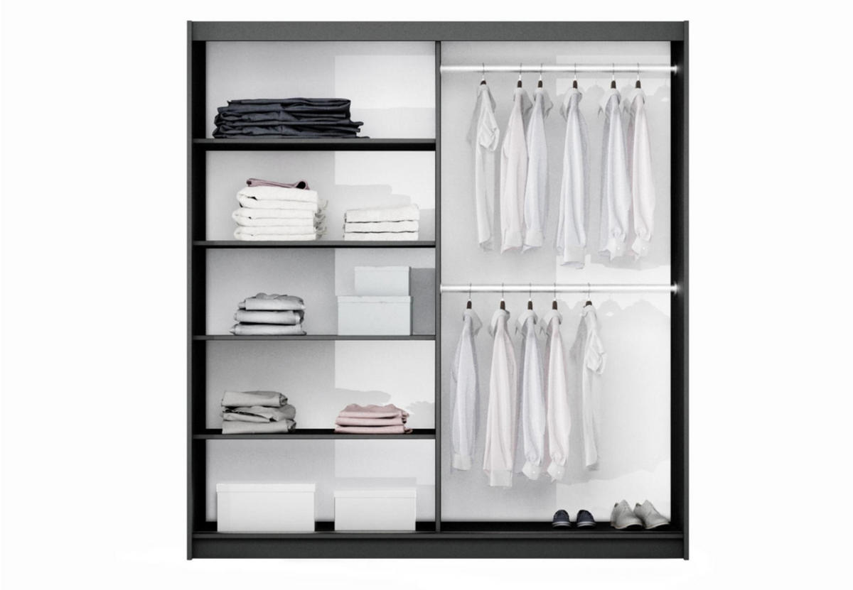 KLEIDERSCHRANK Govi 200 Weiß, zweitüriger Schiebeschrank mit Spiegel - Weiß, Holzwerkstoff (200/215/65cm) - Bettso