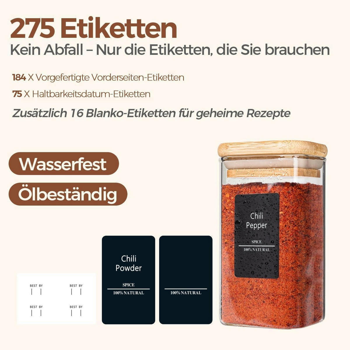 GEWÜRZGLÄSER 12-teiliges Set 300 ml Glas mit Holzdeckel - Multicolor, Glas (6/12.6/6cm)