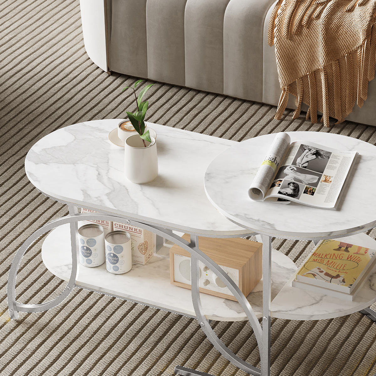 COUCHTISCH in Silber mit Tischplatte in Marmoroptik für Wohnzimmer - Silberfarben, Metall (80/46/45cm) - PARAFTA HOME