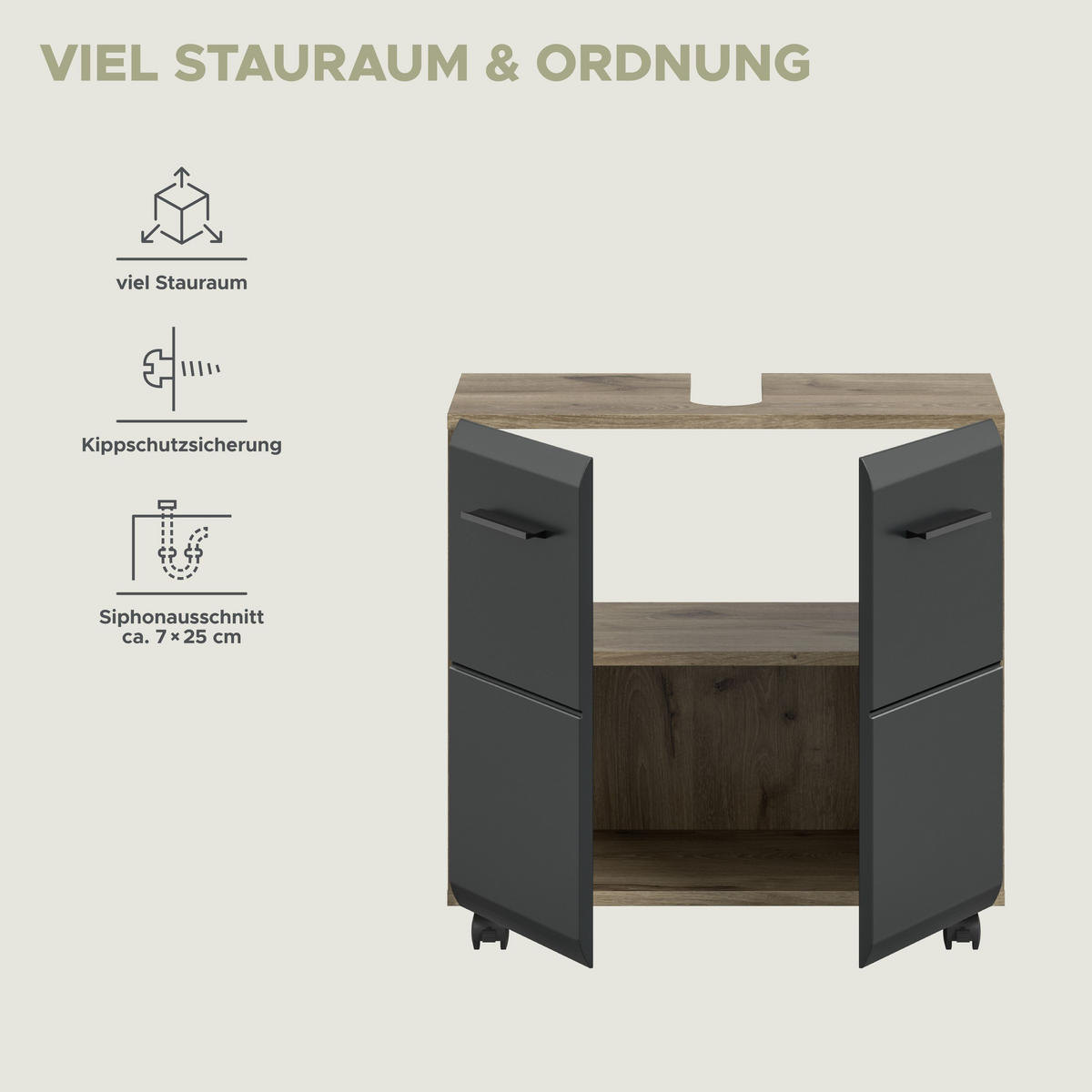 WASCHBECKENUNTERSCHRANK AUF ROLLEN Ice schwarz matt 60/30/58 cm - Braun, Holzwerkstoff (60/58/30cm) - Xonox
