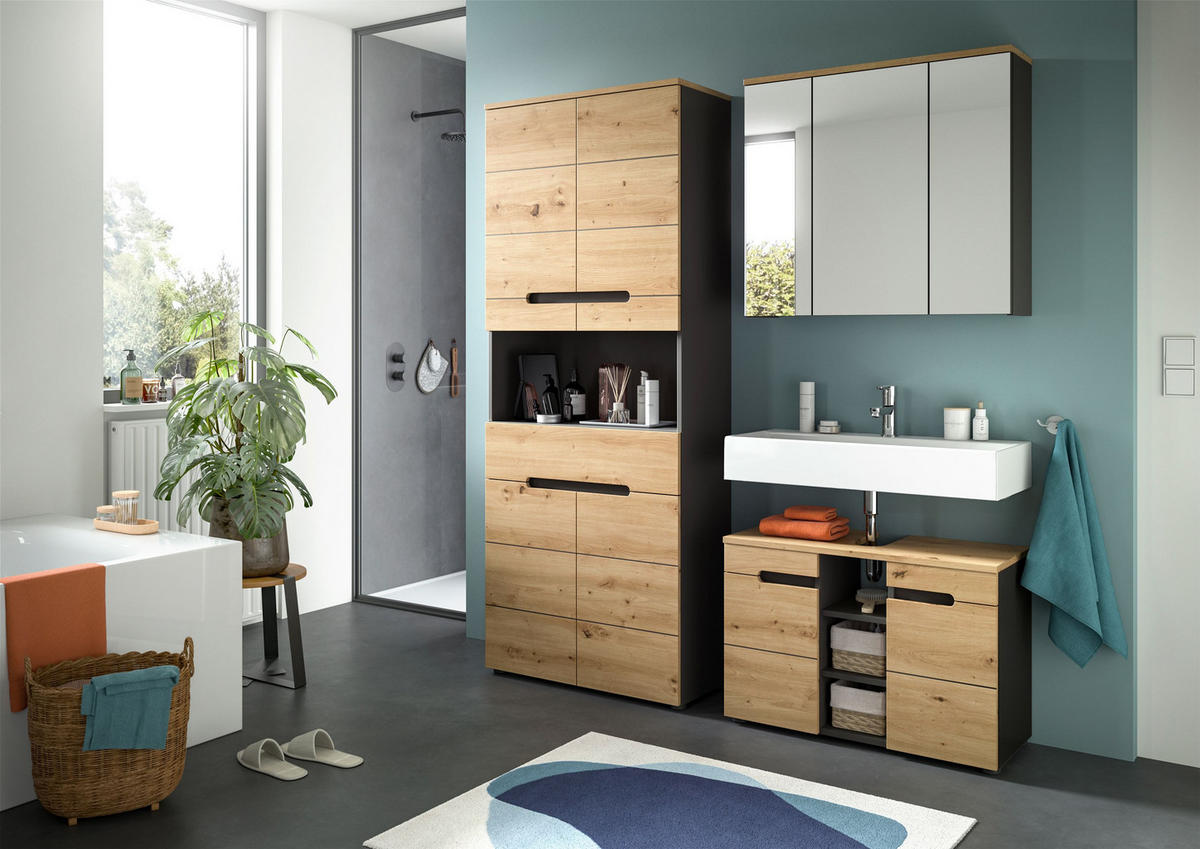 BADKOMBINATION 3tlg. Canu Bad in Basalt grau Nachbildung und Artisan Nachbildung B/H/T: 171x193x34 cm - Eiche Artisan, Holzwerkstoff (171/193/34cm)