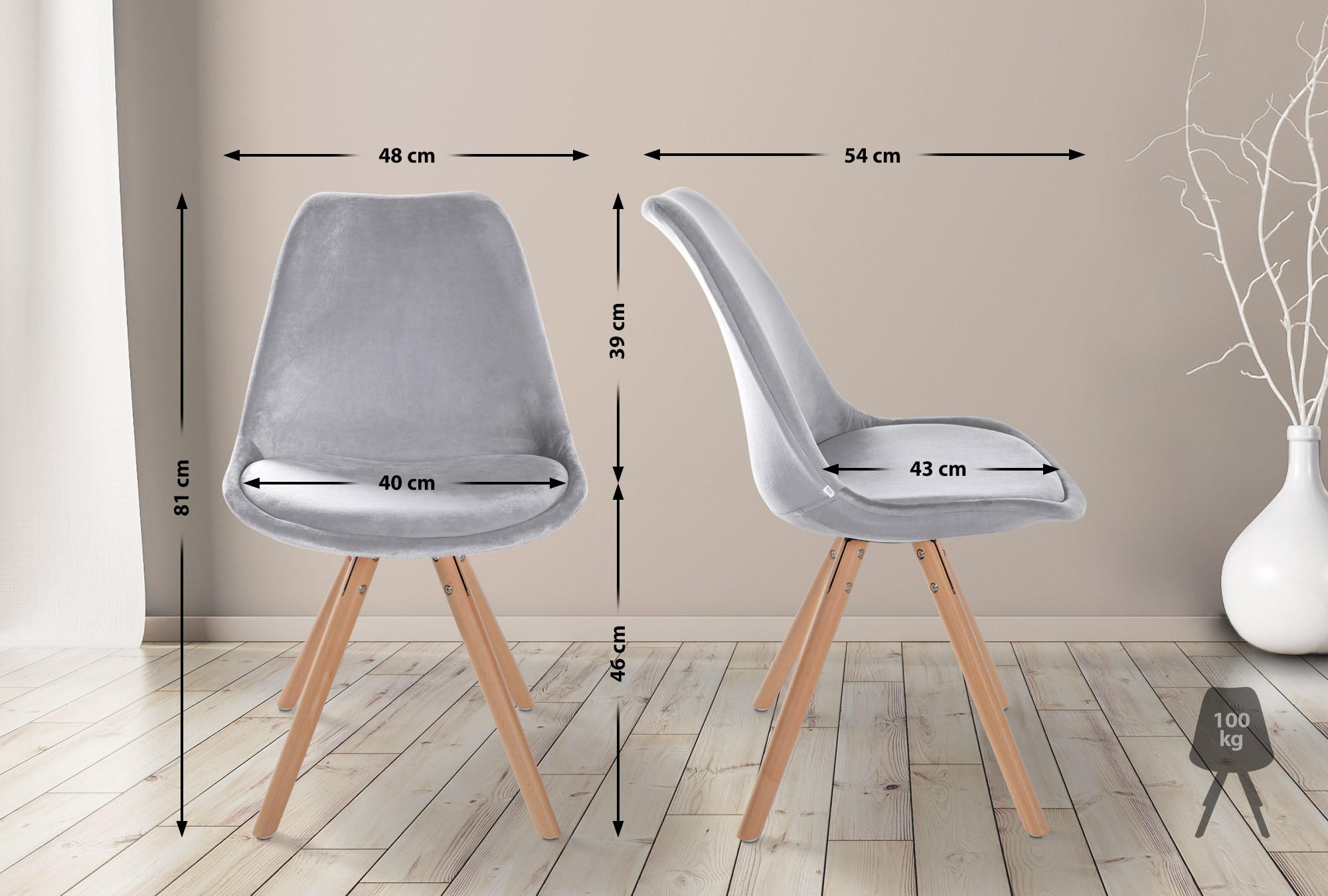 STUHL 4er Set Samt hellgrau - Eukalyptusholzfarben/Hellgrau, Holz/Textil (48/81/54cm) - CLP