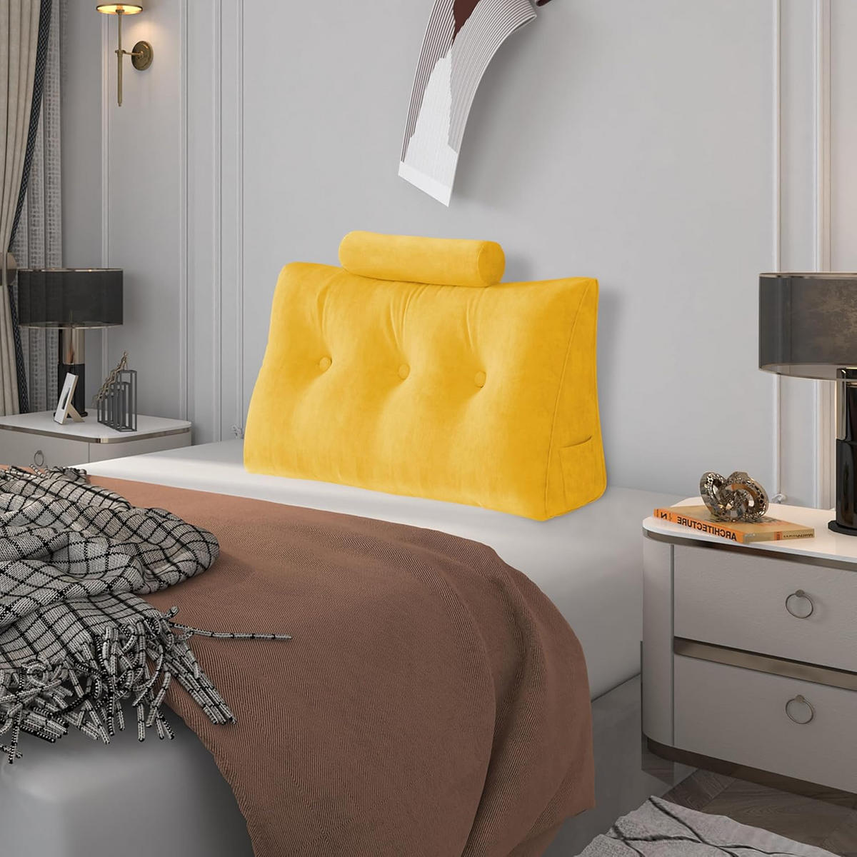 LESEKISSEN Keilkissen mit einem runden Kissen 2er-Set Samt Gelb 100cm - Gelb, Textil (20/100cm) - Vercart