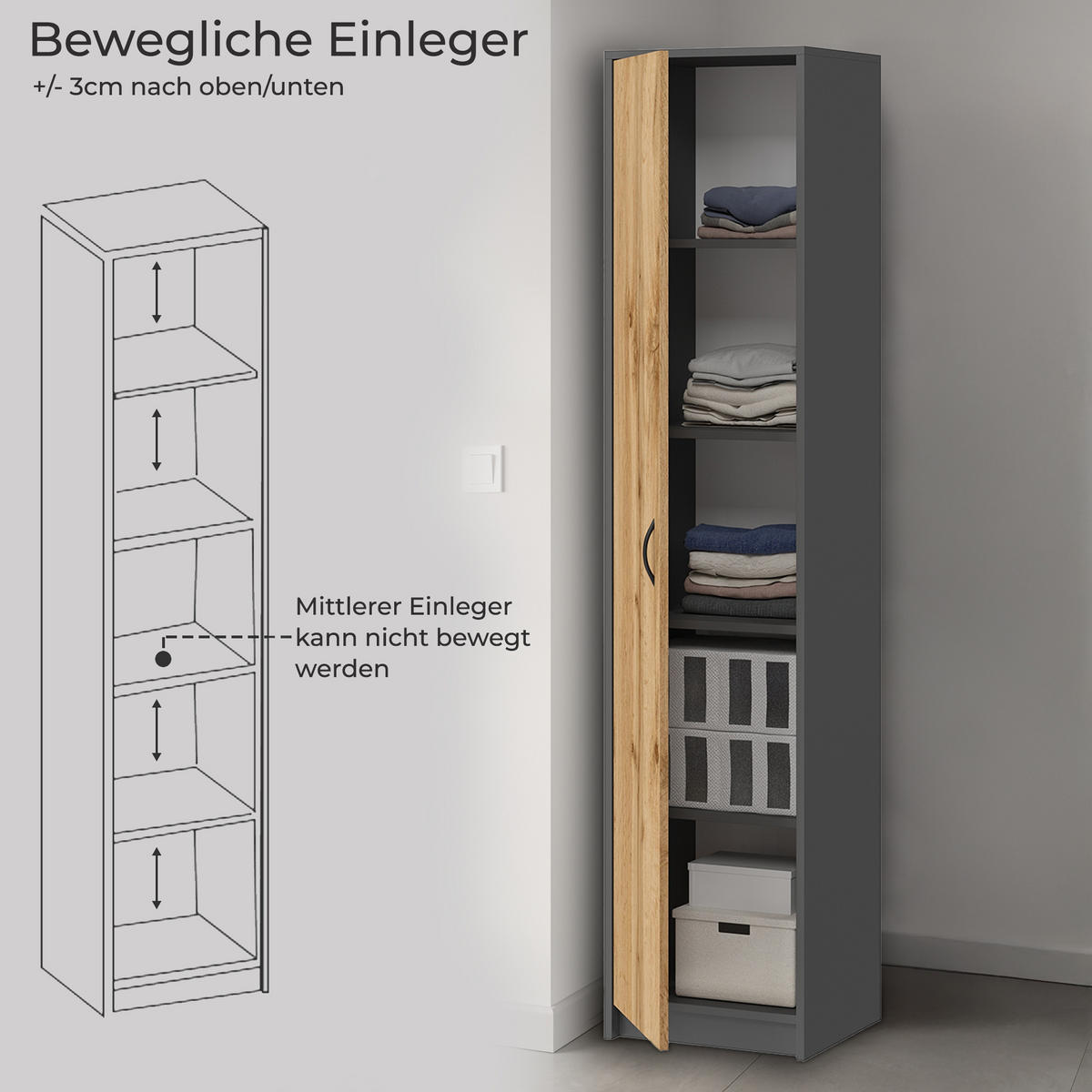 MEHRZWECKSCHRANK mit 4 Einlegeböden 50 cm Breite in graphit-eiche - Eichefarben/Graphitfarben, Holzwerkstoff (50/180/35cm) - Home Collective