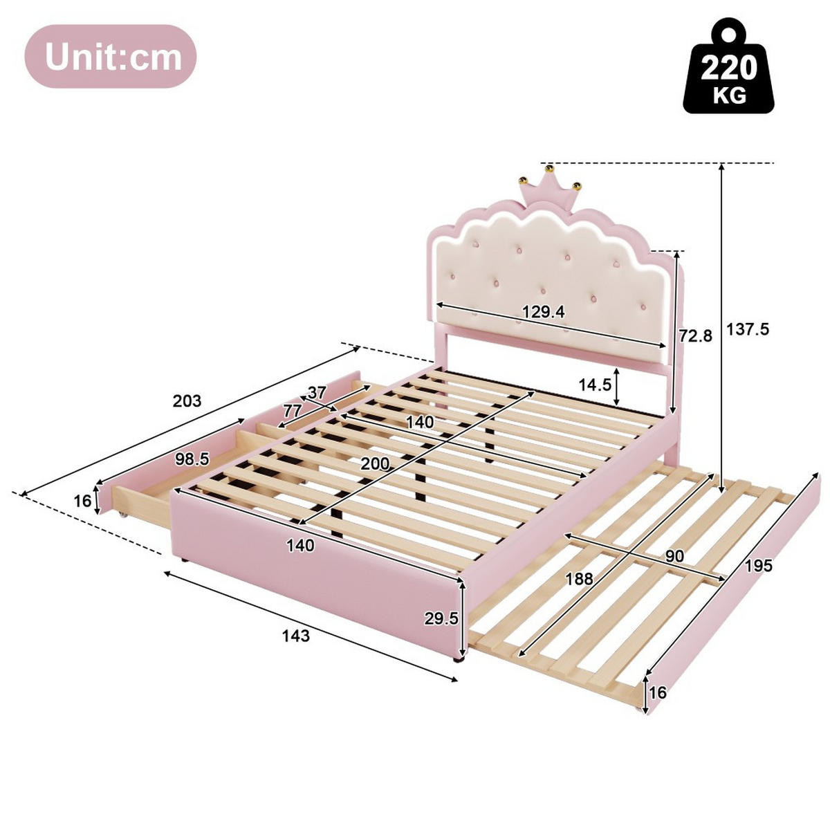 POLSTERBET 140 x 200 cm in Rosa mit Ausziehbett - Pink, Textil (140/200cm) - KOMHTOM