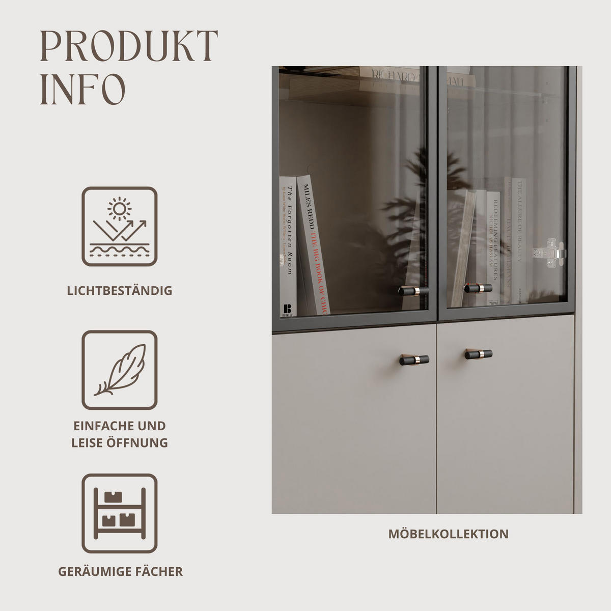 GLASVITRINE geriffelt aus MDF, Kaschmir mit LED-Beleuchtung - Kaschmir, Holzwerkstoff (112/155/40cm) - Idohome