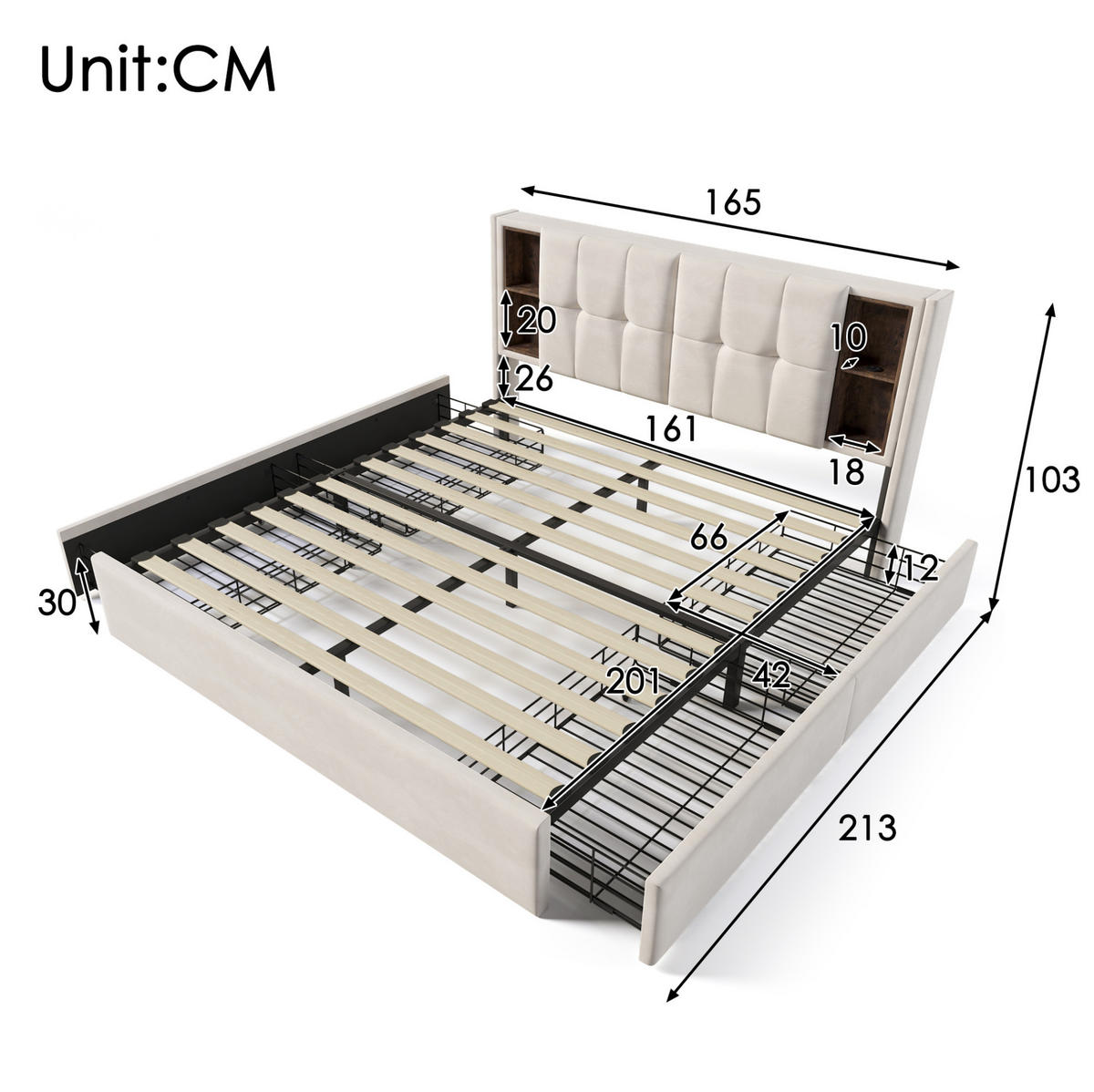 SAMT-POLSTERBETT 160/200 cm mit 4 Schubladen, USB-C und kabelloser Ladefunktion - Beige, Textil (160/200cm) - BEAOK