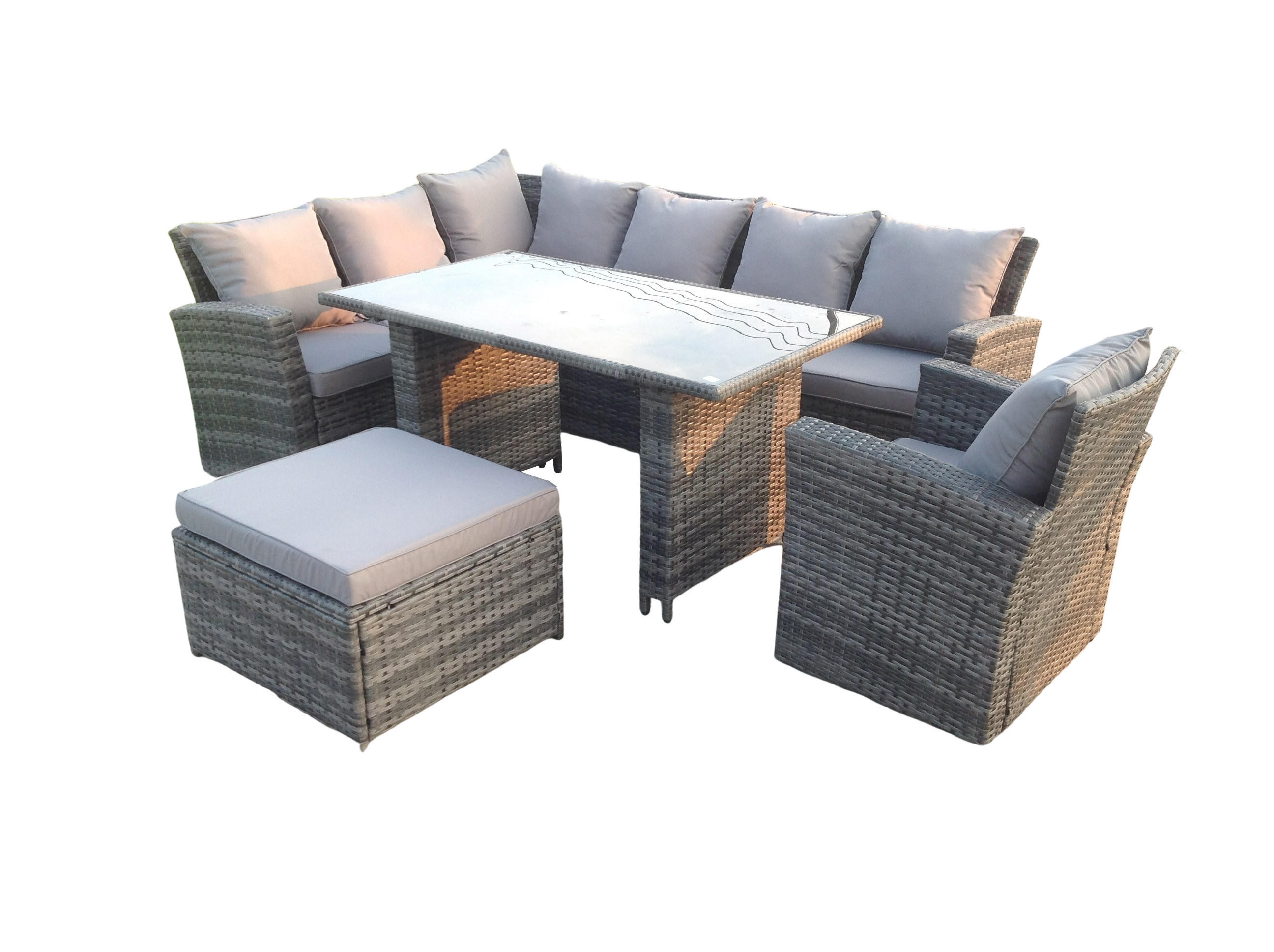 GARTEN-ECKSOFAGARNITUR mit Esstisch Polyrattan 8-Sitzer - Dunkelgrau/Grau, Glas/Kunststoff - Fimous