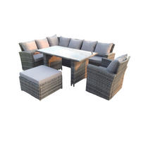 GARTEN-ECKSOFAGARNITUR mit Esstisch Polyrattan 8-Sitzer - Dunkelgrau/Grau, Glas/Kunststoff - Fimous