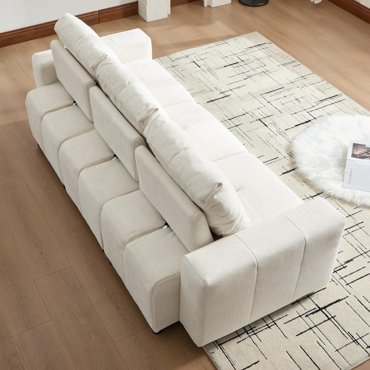 3-SITZER SOFA Chenille Beige & Weiß mit Schlaffunktion - Beige, Holzwerkstoff/Kunststoff (213/84/94cm) - WISHDOR