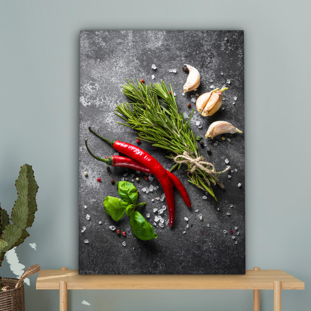 LEINWANDBILD Pfeffer - Kräuter - Gewürze - Beton 60x90 cm - Dunkelgrau, Textil (60/90cm) - MuchoWow