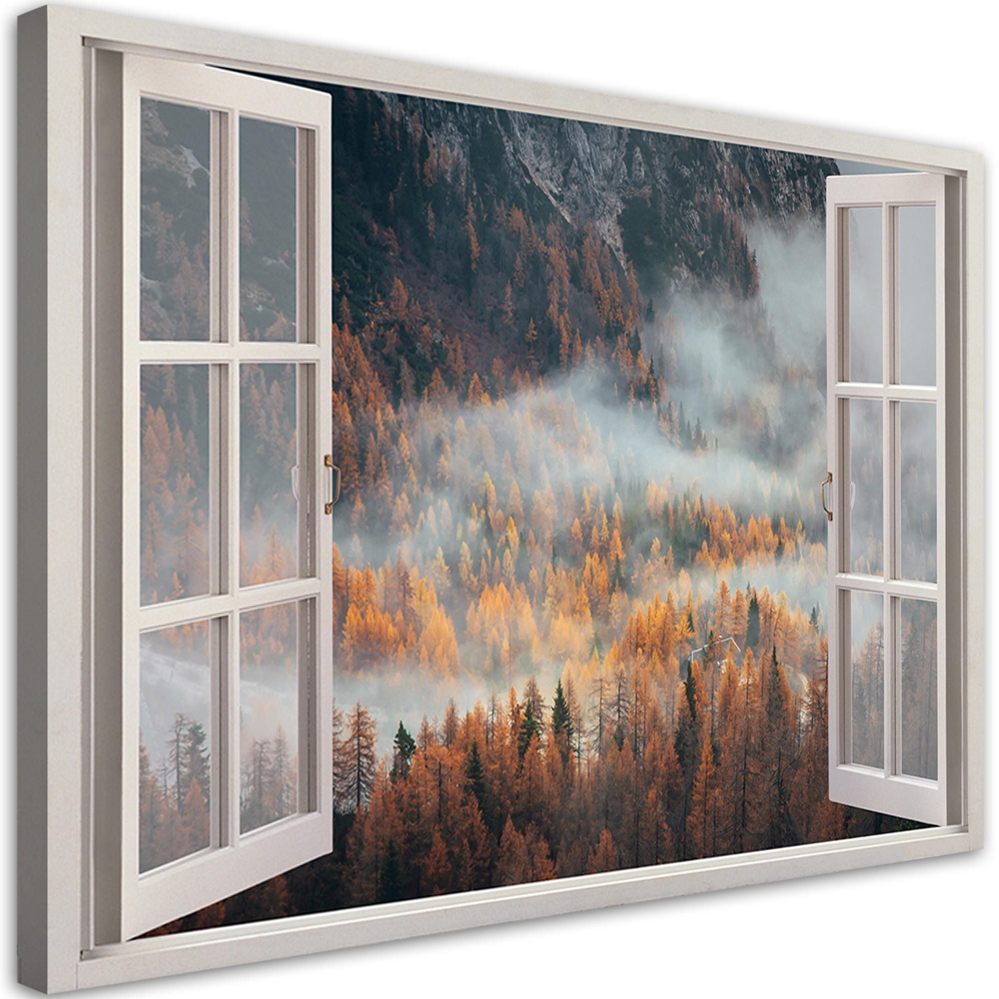 WANDBILD fensterblick wald im nebel berge - Braun, Textil (60/40cm) - Feeby