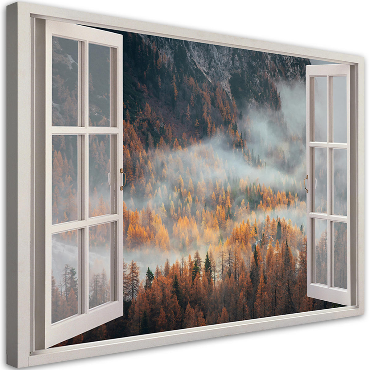 WANDBILD fensterblick wald im nebel berge - Braun, Textil (60/40cm) - Feeby
