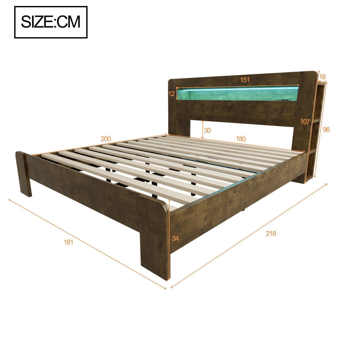 POLSTERBETT 180/200 cm Holzfarbe mit LED-Beleuchtung und integrierte Steckdosen - Eichefarben, Holz (180/200cm) - Oxeza