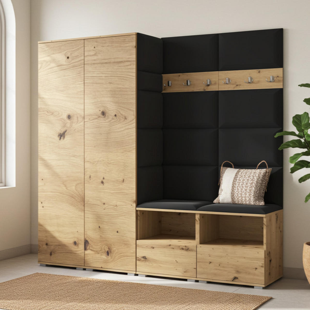 GARDEROBE NELA VI 200 cm (Kompaktgarderobe Artisan Eiche mit Sitzpolster Schwarz 16 Schrank & Paneel) - Silberfarben/Schwarz, Holz/Holzwerkstoff (200/187/40cm) - Ravio