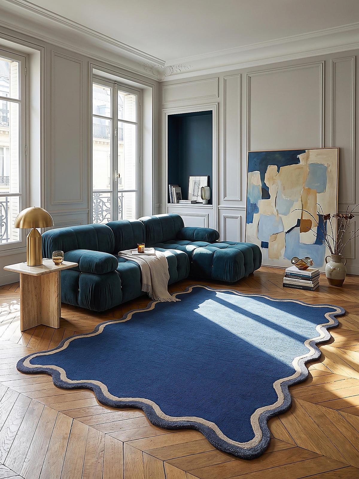WOLLTEPPICH handgetuftet ALHAM, Wellenbordüre, Marineblau, 120 x 170 cm - Blau, Textil (120/170cm) - KADIMA DESIGN