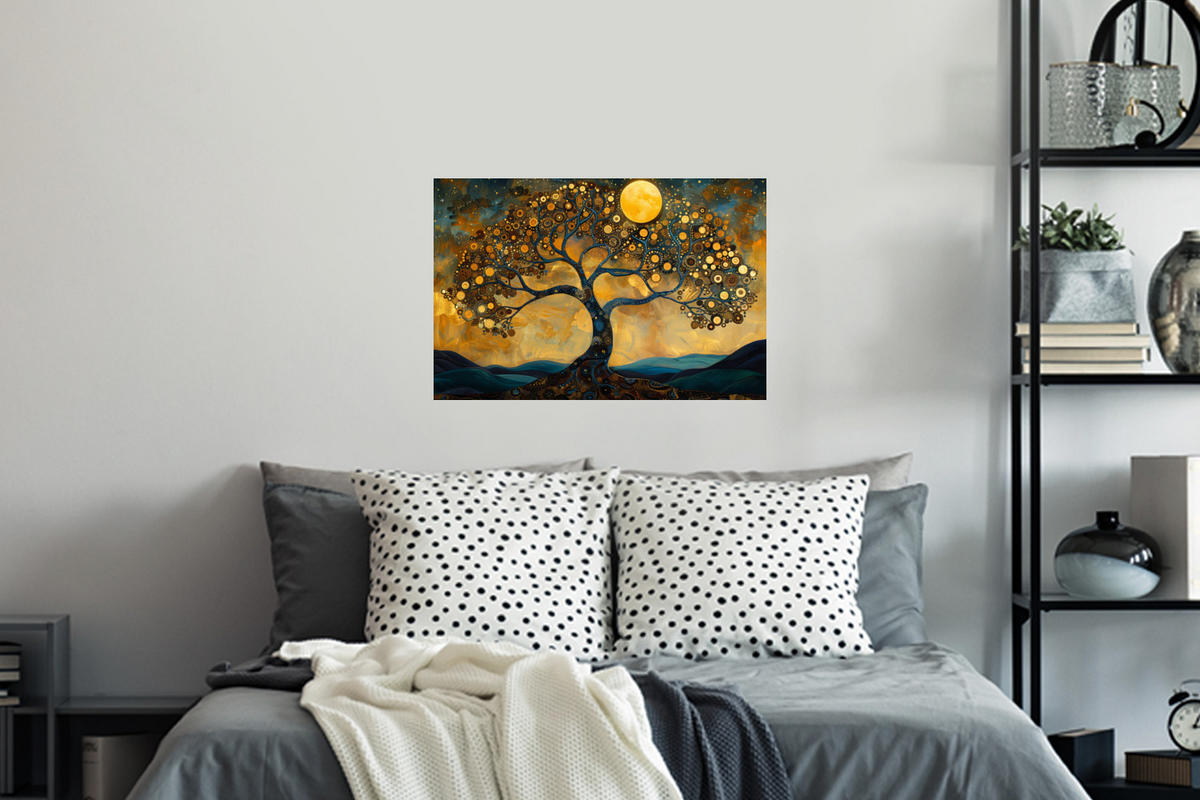 WANDTATTOO Baum - Mond - Blumen - Gold - Kunst 60x40 cm - Orange, Kunststoff (60/40/0.1cm) - MuchoWow