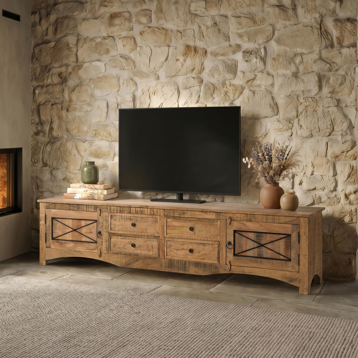 TV-BOARD Akazie 240x40x50 natur versiegelt NATURE OF SPIRIT #243 - Naturfarben, Holz (40/50/240cm) - Massivmoebel24