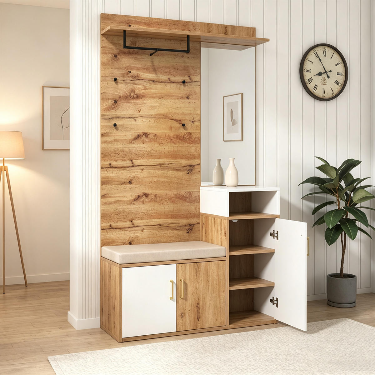 GARDEROBEN-SET mit 4 Kleiderhaken, Spiegel, Schuhschrank, Flurbank - Multicolor, Holz (40/190.5/105cm) - Meubles Cosy