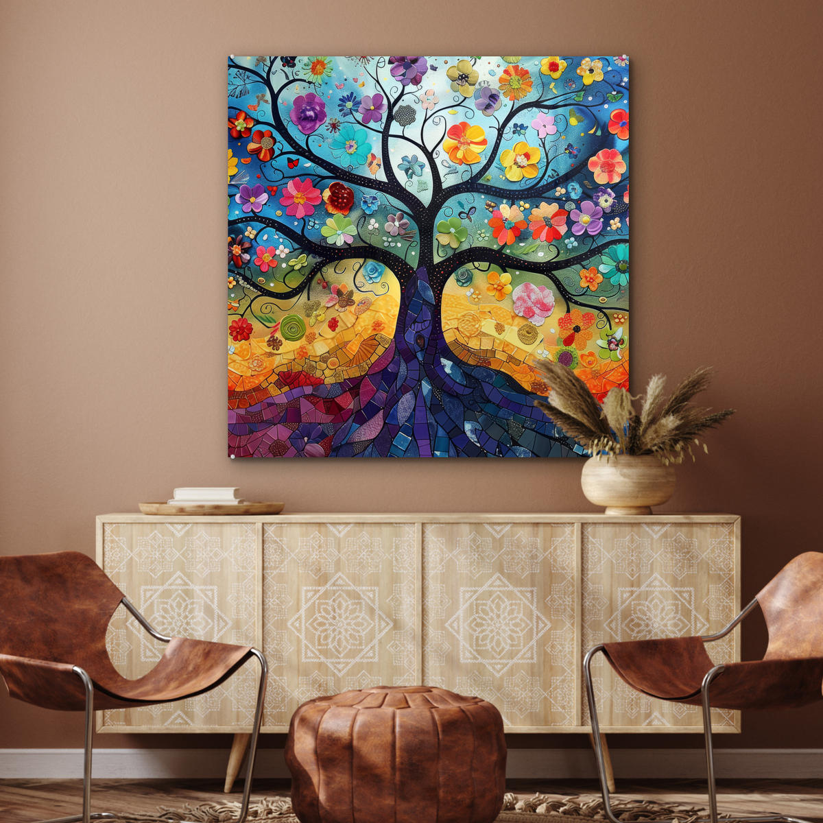 ACRYLGLASBILD Kunst - Baum des Lebens - Blumen - Hippie 90x90 cm - Dunkelblau, Glas (90/90cm) - MuchoWow