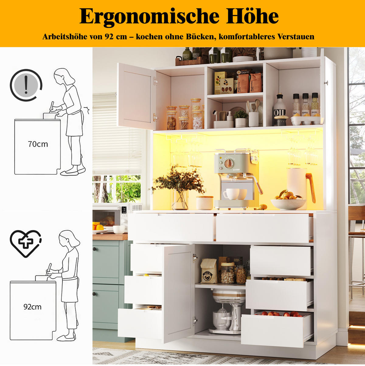BUFFET 120/40/183,5 cm in Weiß mit LED-Beleuchtung und 8 Schubladen - Weiß, Holzwerkstoff (120/183.5/40cm) - Flora Grace
