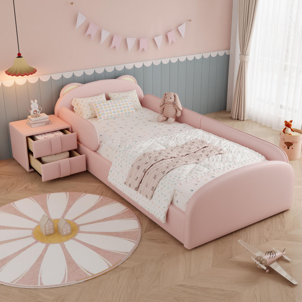 KINDERBETT 90/200 cm aus Samt mit Bärenkopfteil und passendem Nachttisch Rosa - Rosa, Textil (90/200cm) - Modenvie