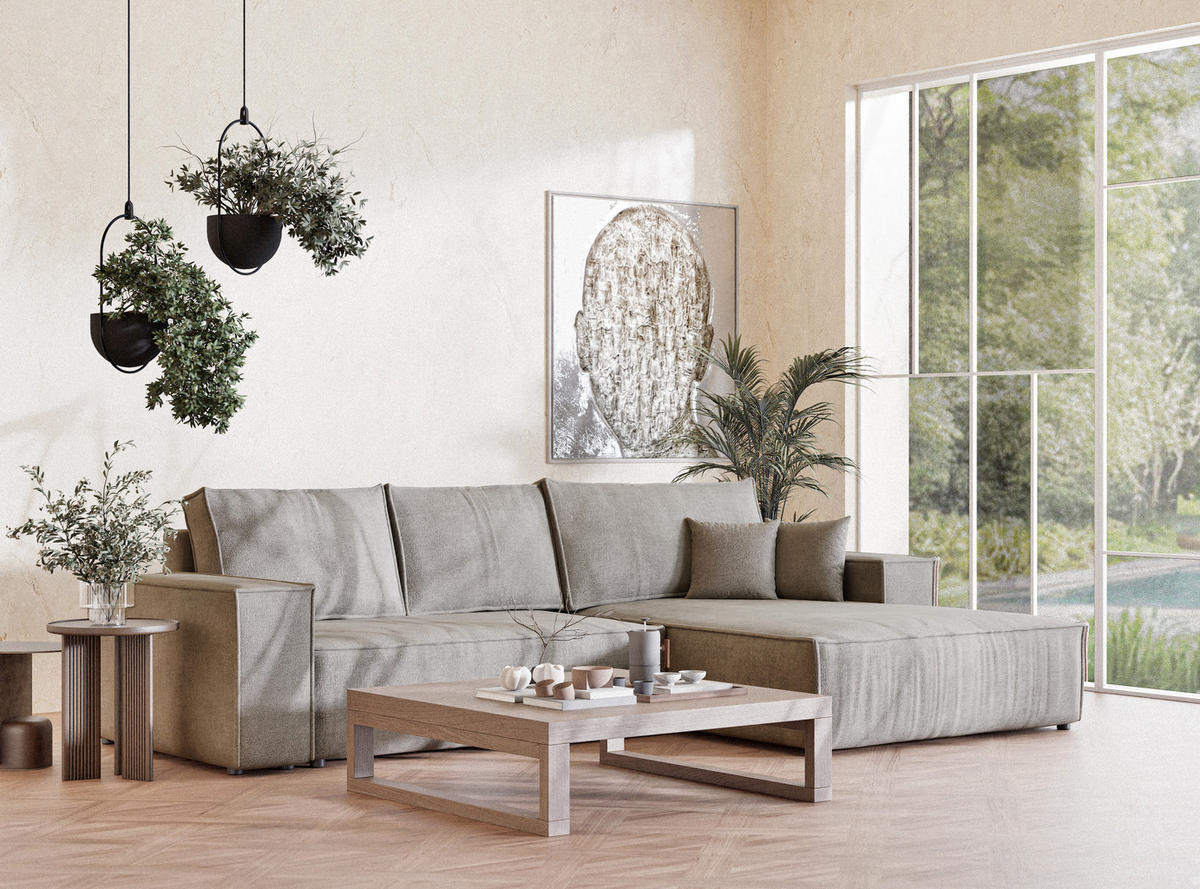 ECKSOFA Maze Beige grau Chenille-Stoff - Rechts Seite - Greige/Schwarz, Holz/Holzwerkstoff (294/185cm) - Maison de Reve