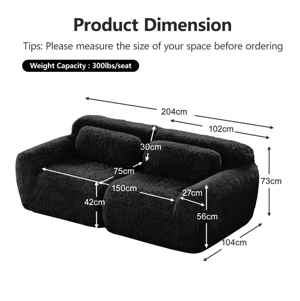 2-SITZER Sofa aus Plüsch in Schwarz mit modularem Design - Schwarz, Textil (104/73/204cm) - Modfu