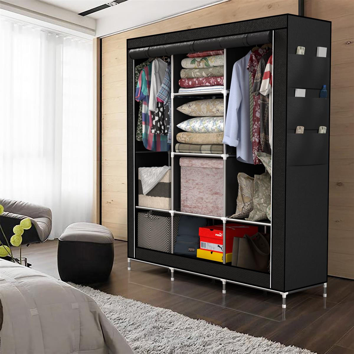 STOFFSCHRANK - Schwarz, Textil (45/175/130cm) - Intirilife