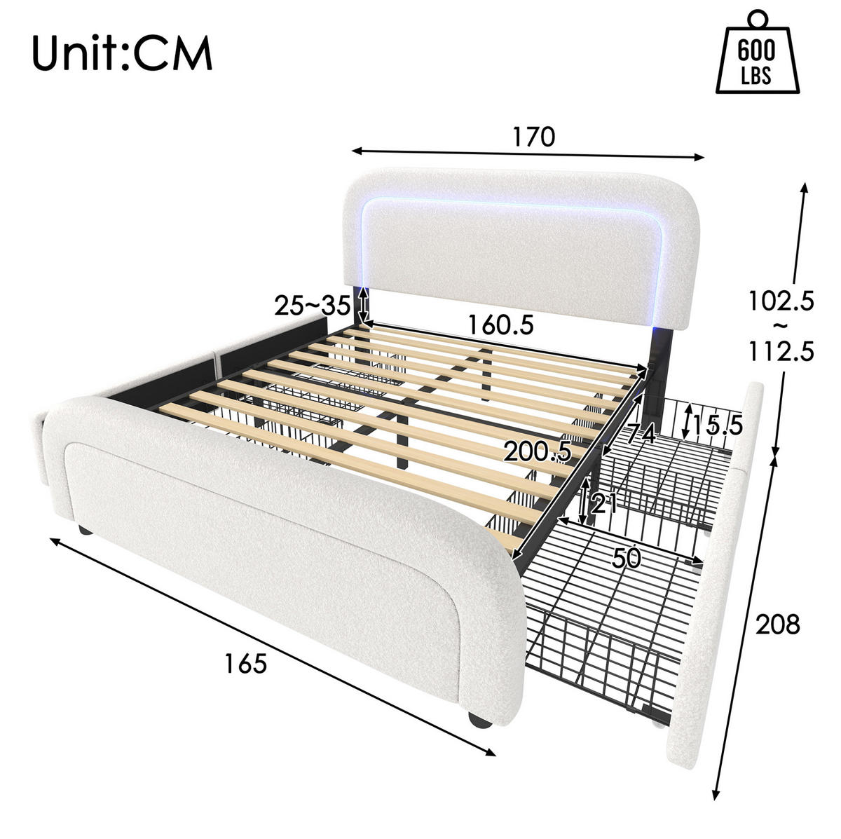 BETT mit LED, USB und 4 Schubladen 160x200 cm Sherpa Weiß - Weiß, Metall (160/200cm) - Meubliv