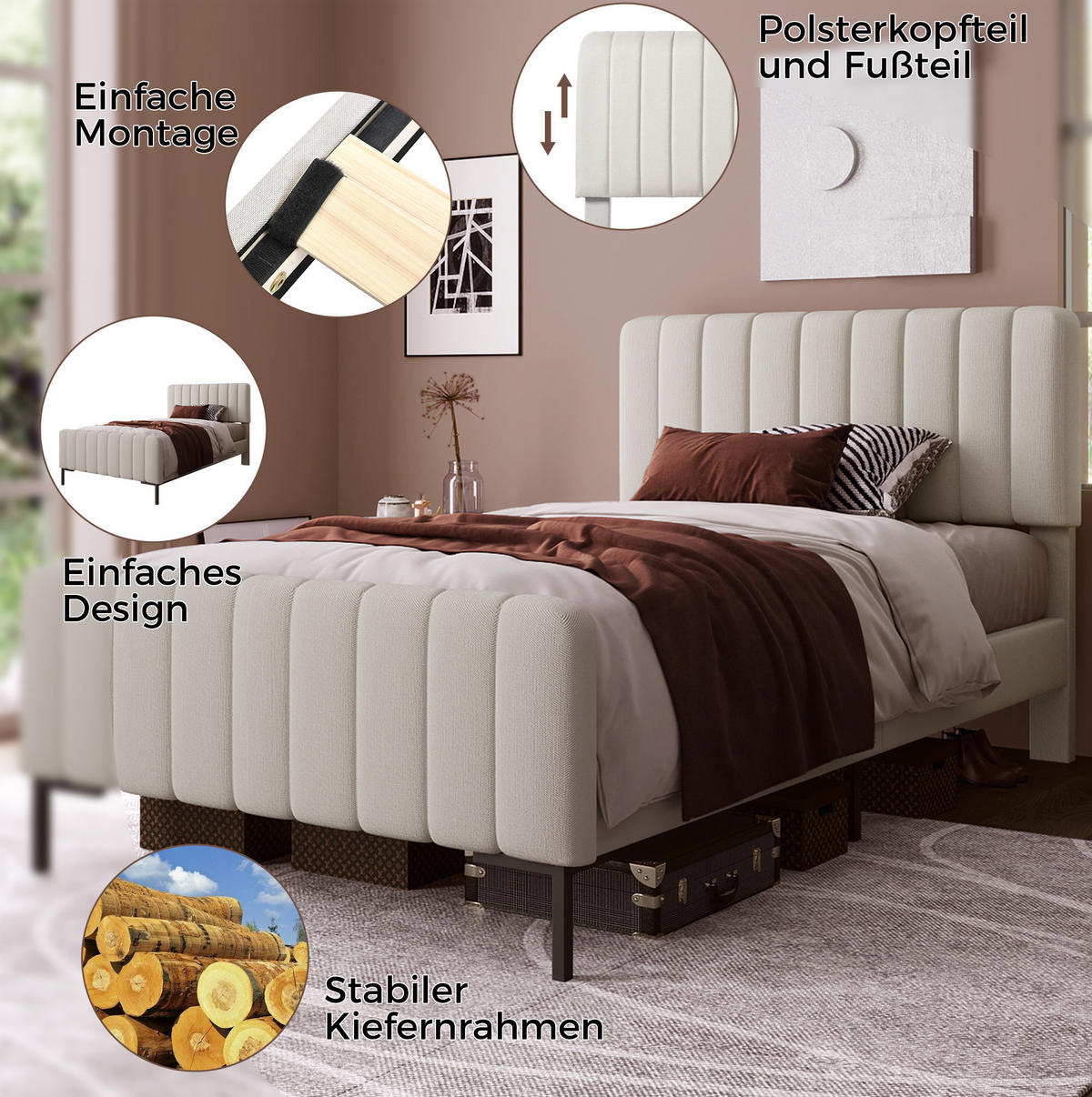 POLSTERBETT 90/200 cm in Grau-Beige mit verstellbarem Kopfteil - Grau, Textil (90/200cm) - Flora Grace