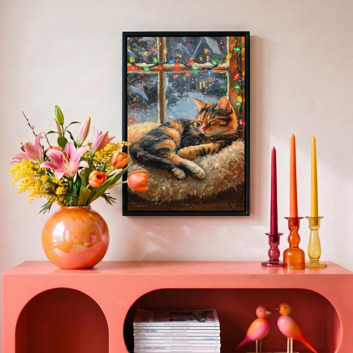 LEINWAND Bilder mit Rahmen - Katze - Weihnachten - Winter - Tier - 20x30 - Bernsteinfarben, Textil (20/30cm) - MuchoWow