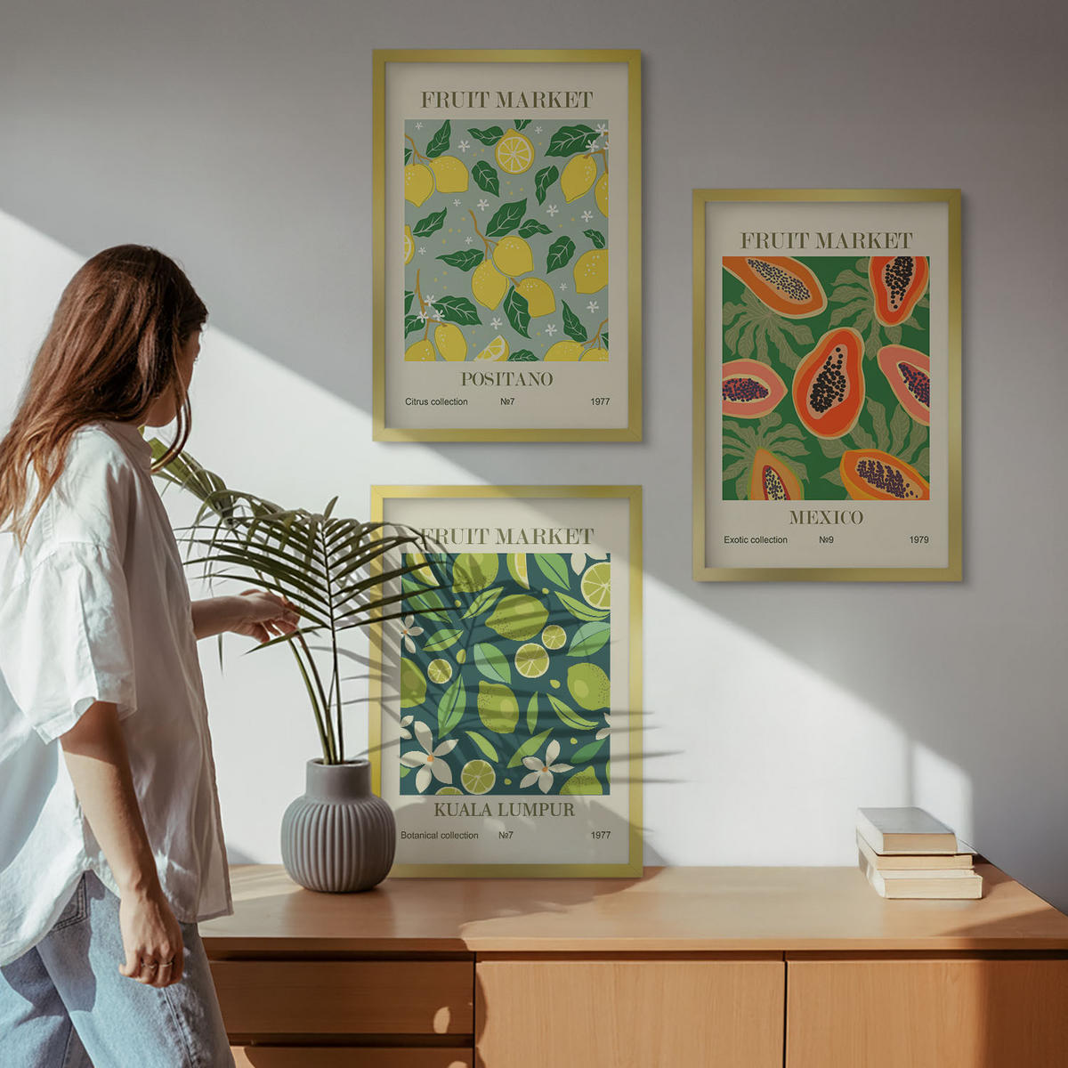 WANDBILDER 3er Set - 40x60 cm Goldrahmen - Fruchtige Zitronen- und Papayamuster - Goldfarben, Kunststoff (40/60cm) - ArtPrintCave