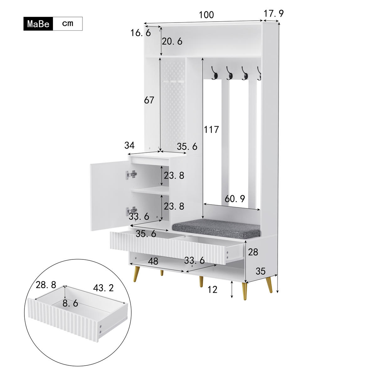 GARDEROBENSET Wandgarderobe mit Schuhbank 4 Haken Weiß 100x35x180cm - Weiß, Holzwerkstoff (35/180/100cm) - FLIEKS