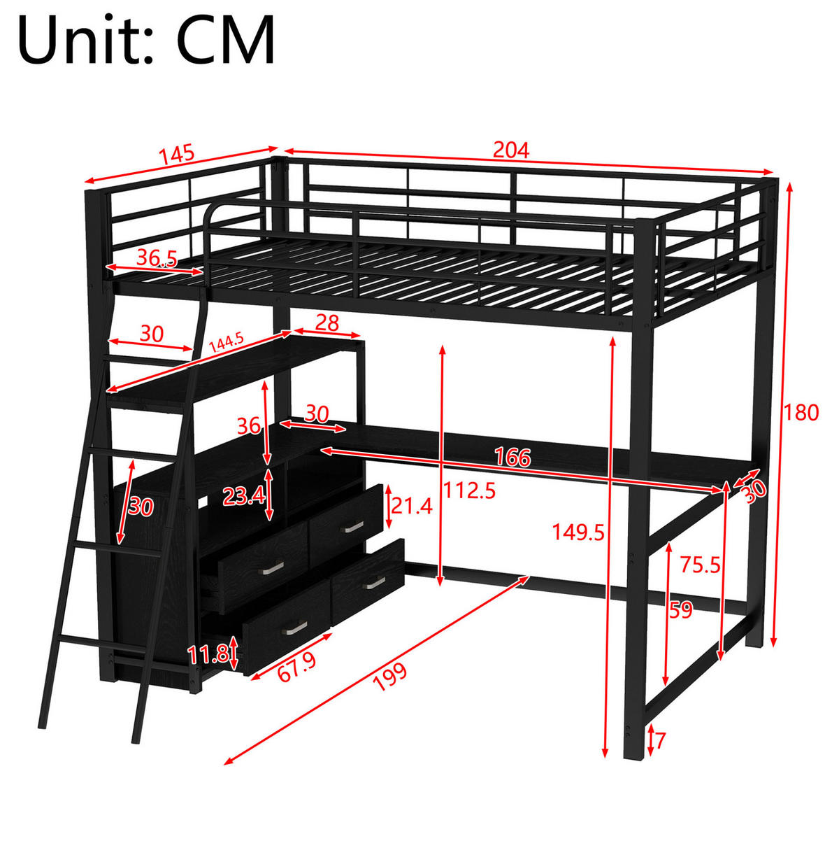 HOCHBETT aus Metall und MDF 140x200 cm Schwarz mit L-förmigem Schreibtisch, Schubladen und pflegeleichter Oberfläche - Schwarz, Metall (135/190cm) - Modfu