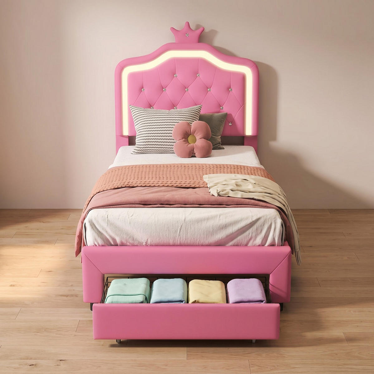 KINDERBETT 90/200 cm rosa mit Stauraum, Schublade und LED - Rosa, Holz - SHOPENTRA