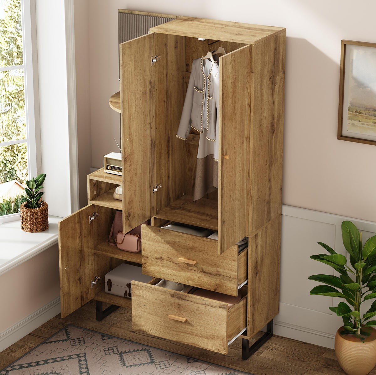 STANDGARDEROBE 110/38/186 cm in Natur/Schwarz mit Kleiderstange und Schubladen - Naturfarben, Holzwerkstoff (110/186/38cm) - BEAOK