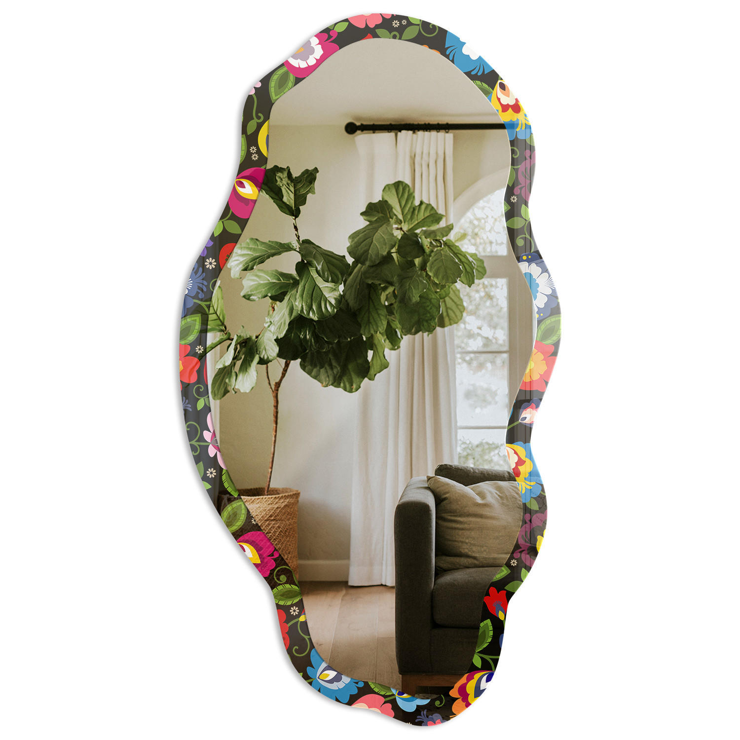 SPIEGEL 90x45 cm asymmetrisch mit Druck - Folkloreblumen - Transparent, Glas (45/90/0.4cm) - TULUP