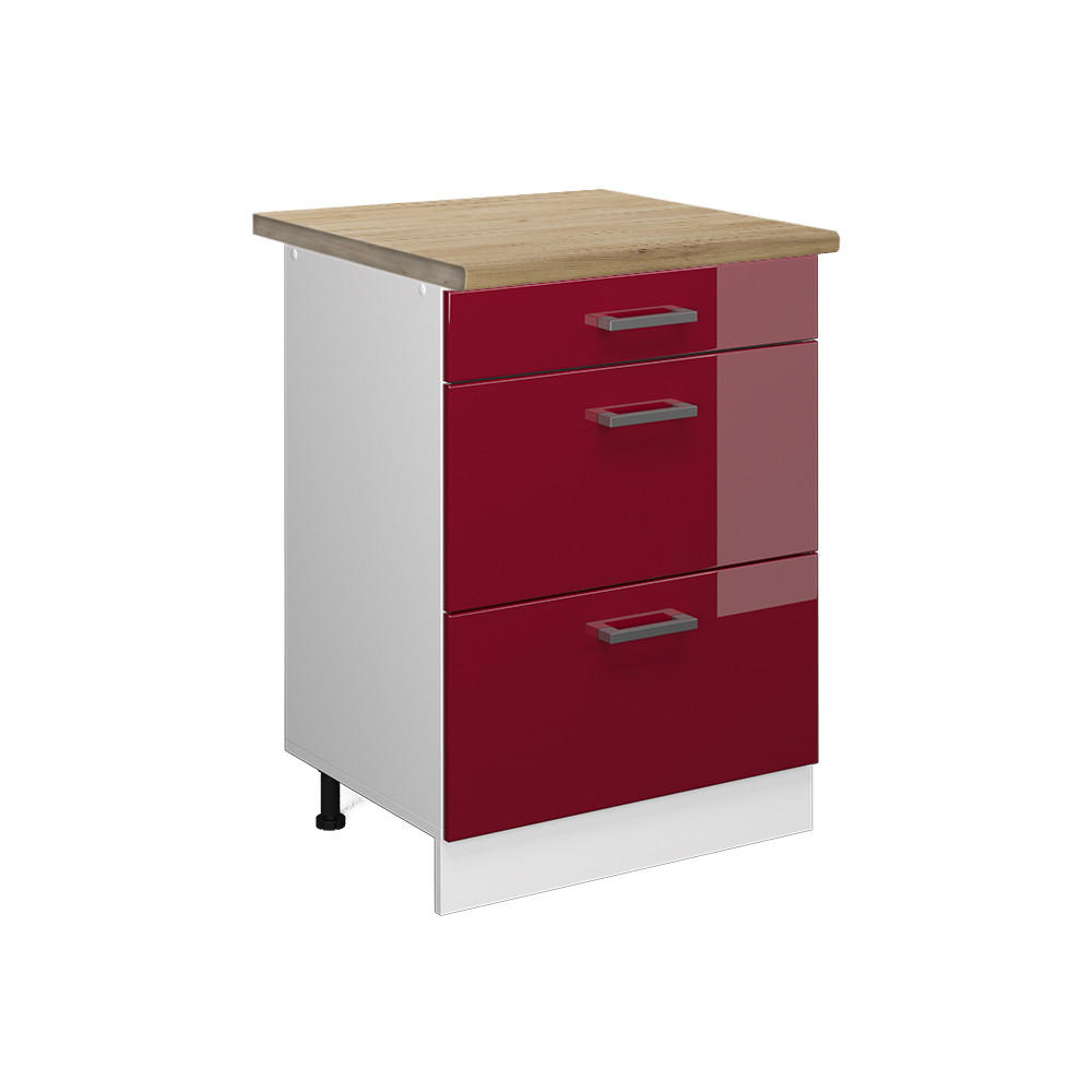 KÜCHENUNTERSCHRANK R-Line Rot Hochglanz 60 cm mit Schubladen, AP Eiche - Bordeaux/Rot, Holzwerkstoff (60/81.6/60cm) - Vicco