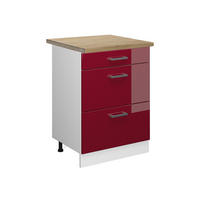 KÜCHENUNTERSCHRANK R-Line Rot Hochglanz 60 cm mit Schubladen, AP Eiche - Bordeaux/Rot, Holzwerkstoff (60/81.6/60cm) - Vicco