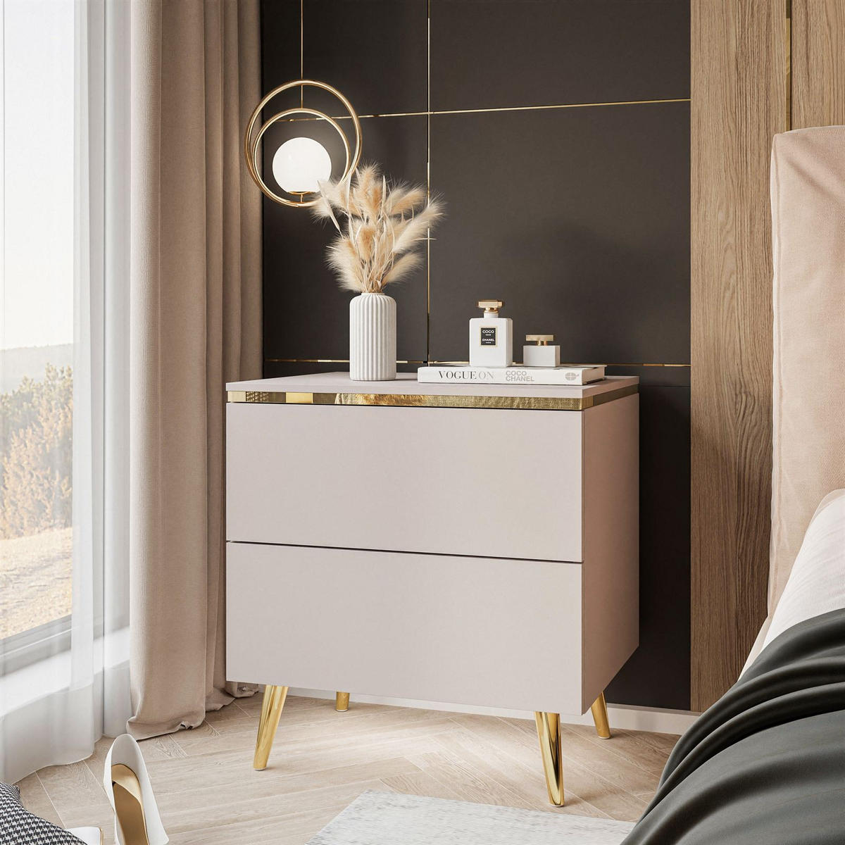 NACHTTISCH AURORA II auf schräge Gold Chrom Beine Kaschmir - Kaschmir/Goldfarben, Holzwerkstoff/Metall (50/53/37cm) - Lookway
