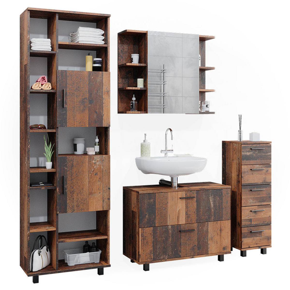 BADMÖBEL-SET Ilias Eiche rustikal 4 Teile, mit Hochschrank - Wildeiche, Holzwerkstoff (80.2/60.8/33cm) - Vicco
